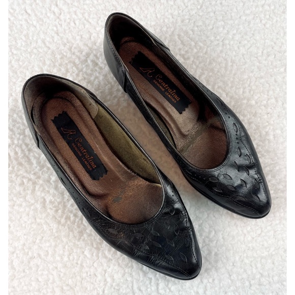 (VTG) CENTRALINA • Black Genuine Leather Pointed Toe Kitten Heels - Picture 1 of 16